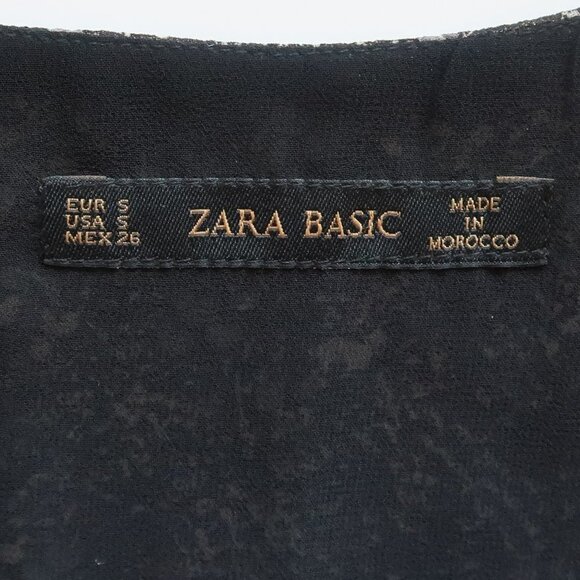 ZARA Black & Grey Print Cold Shoulder Chiffon Bell Sleeve Mini Dress Size Small - Picture 8 of 11